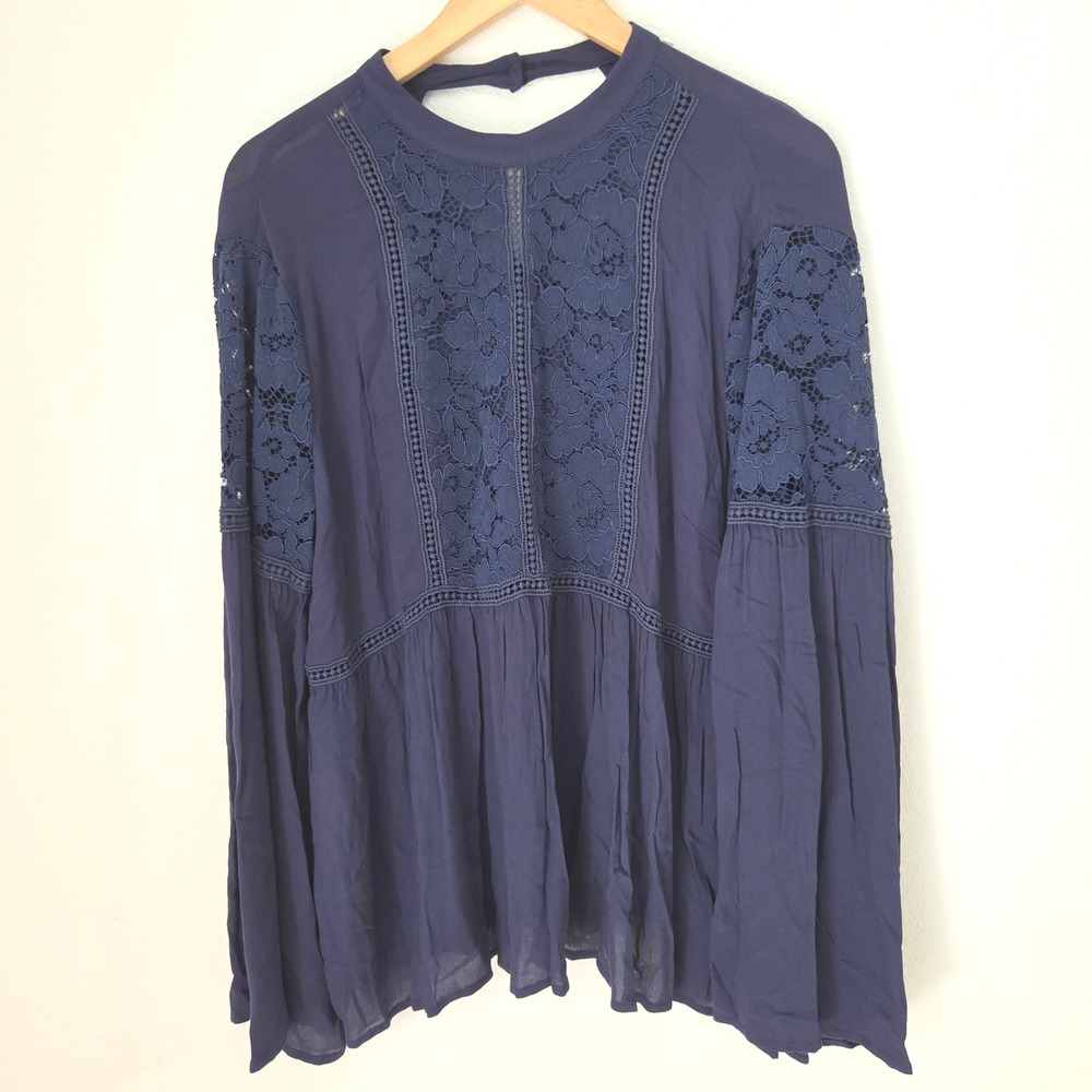 Ariat Navy Blue Lace Inset Long Sleeve Peplum Blouse XL Mock Neck Boho Western